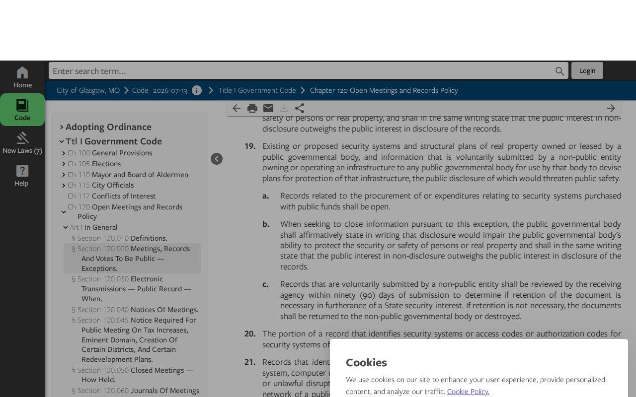 Glasgow Missouri Chapter 120 page for Howard County arrest record requests