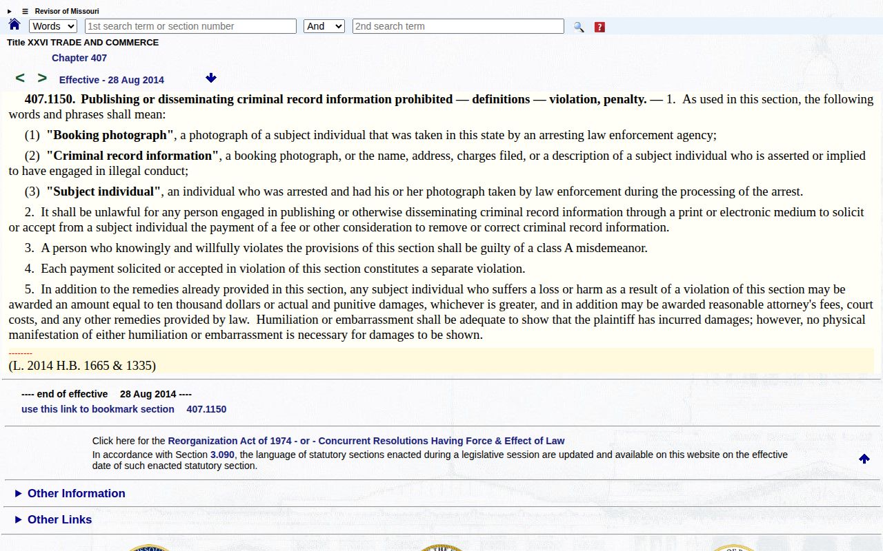 Howard County booking-photo correction reference on Missouri statute section 407.1150