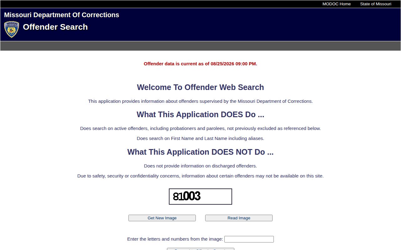 Howard County context for Missouri Department of Corrections active custody record search